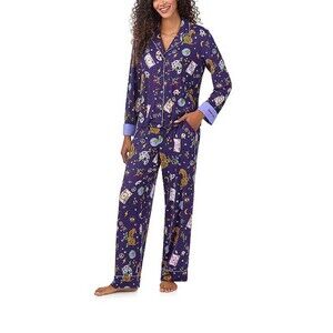 Beauty Sleep Social Pajamas 2 Piece Set Sz L Purple Cards Tiger Peace & Love New